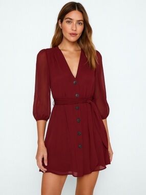 NWT Dynamite Button Front Belted Chiffon Mini Dress Wine Red XS Cocktail Party